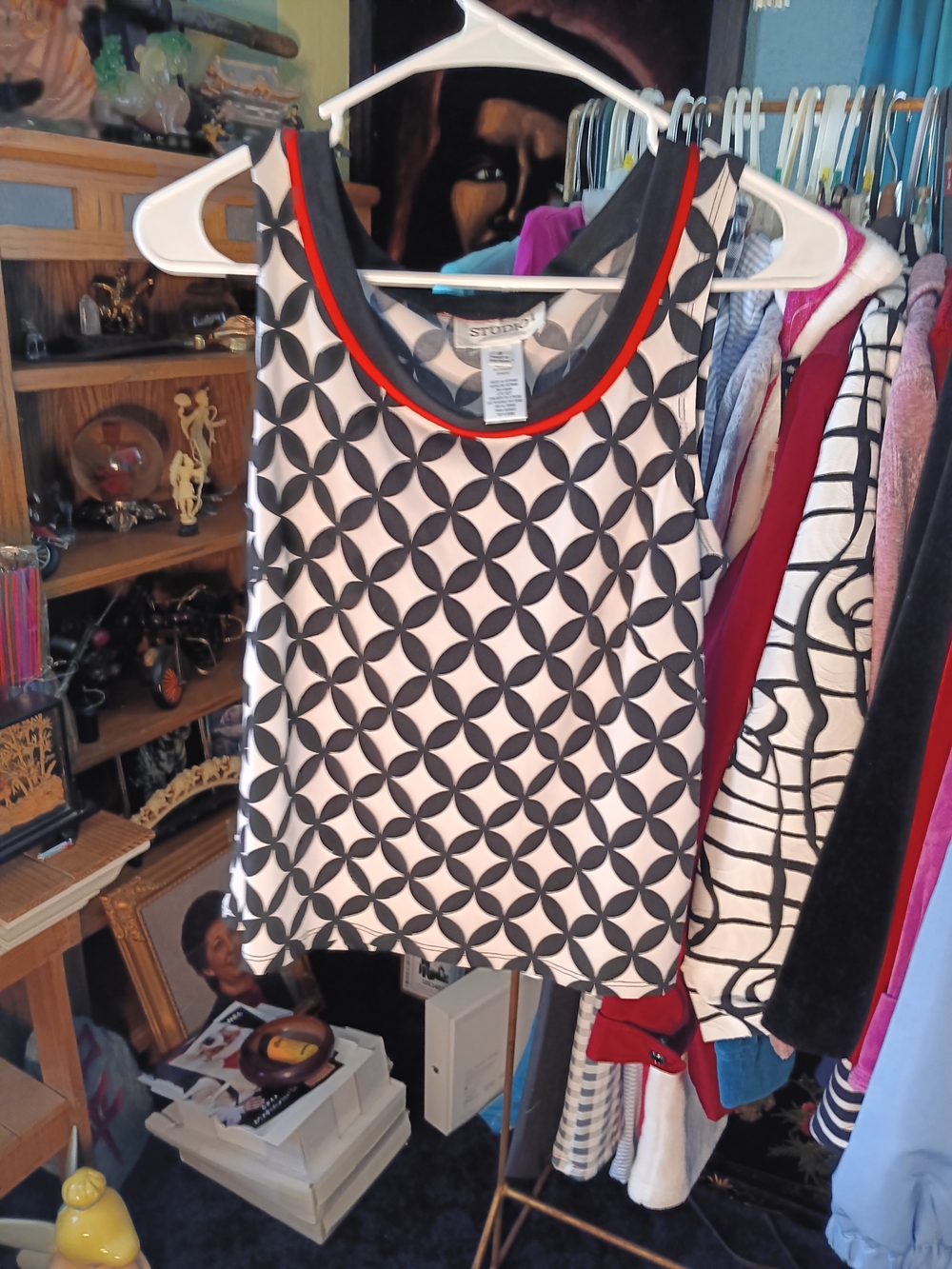 Studio I Black & White Geometric Muscle Tank with Red Trim